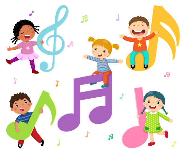 Enfants Dessin Animé Avec Des Notes De Musique Vecteurs libres de