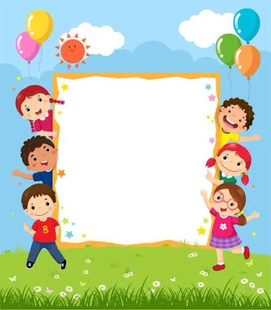 Vector illustration of Happy smiling group of kids showing blank board