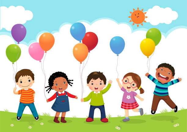 glückliche kinder springen zusammen und halten ballons - child balloon happiness cheerful stock-grafiken, -clipart, -cartoons und -symbole