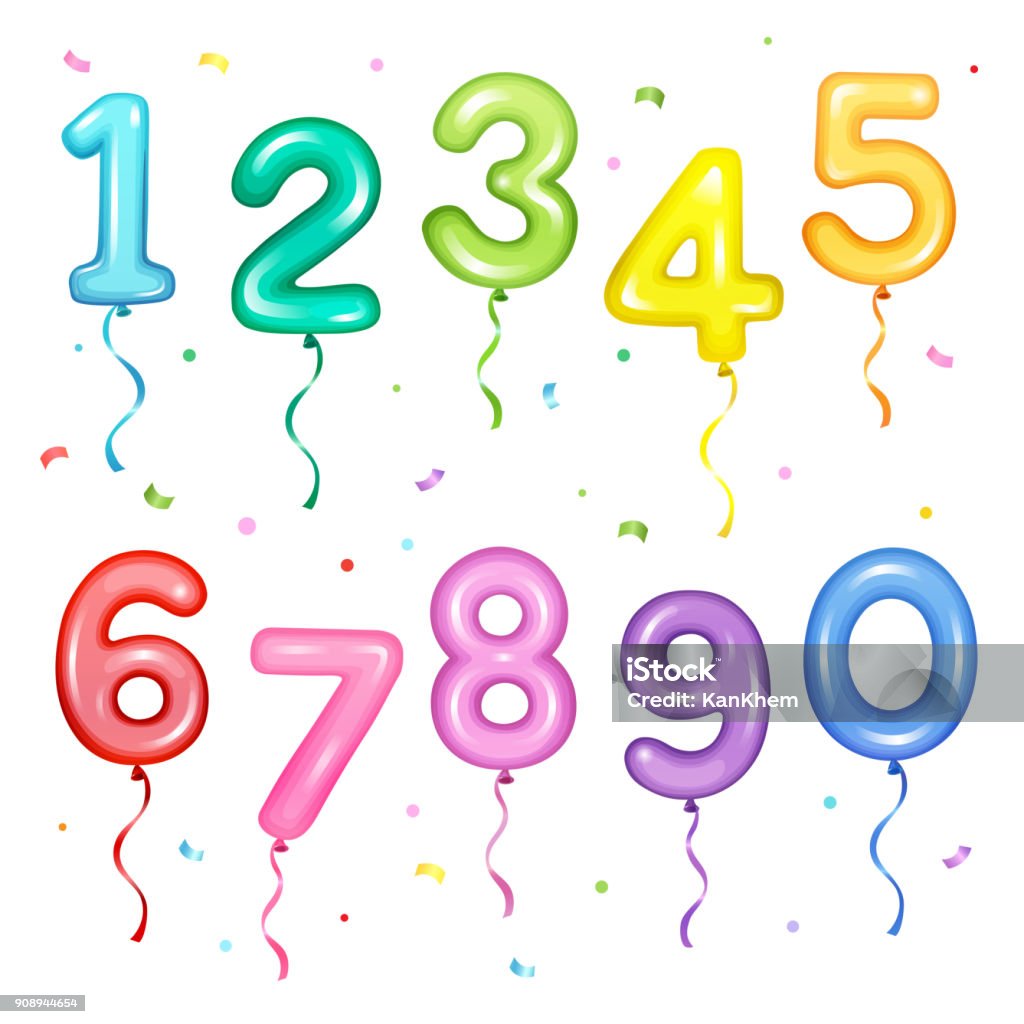 Set di illustrazioni vettoriali di palloncini colorati a forma di numero per elementi di decorazione per feste di compleanno - arte vettoriale royalty-free di Palloncino