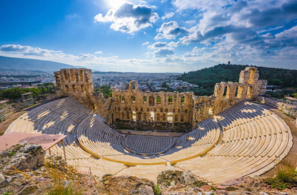 Odean Theater in the Acropolis, Athens Ancient greek Odeon theater on the Acropolis slopes, Athens, Greece. athens greece stock pictures, royalty-free photos & images