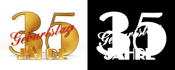 Number thirty five years (35 years) celebration design. Anniversary golden number template elements for your birthday party. Translated from the German - years. 3D illustration