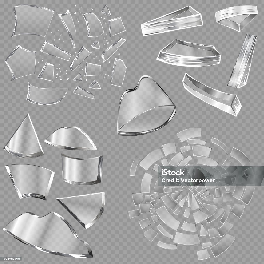 Broken glass vector sharp pieces of window and realistic shattered glassware or shattering debris of breaking mirror isolated on transparent background illustration backdrop Broken glass vector sharp pieces of window and realistic shattered glassware or shattering debris of breaking mirror isolated on transparent background illustration backdrop. Glass - Material stock vector