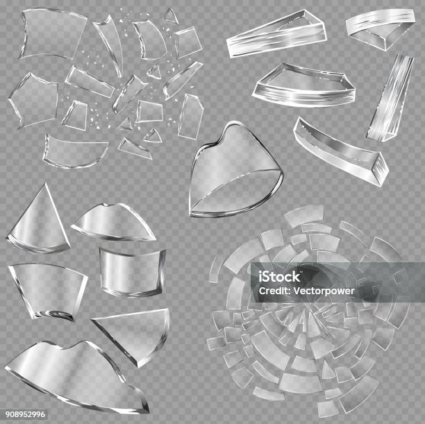 Broken Glass Vector Sharp Pieces Of Window And Realistic Shattered Glassware Or Shattering Debris Of Breaking Mirror Isolated On Transparent Background Illustration Backdrop Stock Illustration - Download Image Now