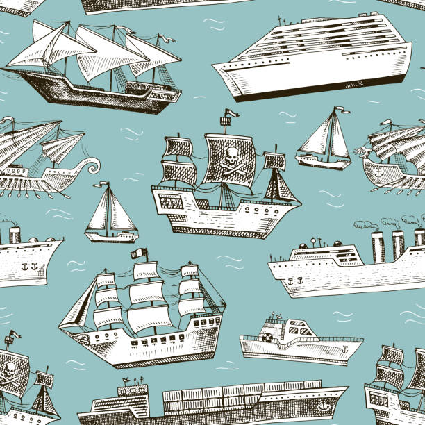 Ship vector boat vessel sailboat cruise liner or passenger steamship and powerful speedboat or motorboat submarine and yacht set illustration seamless pattern background.