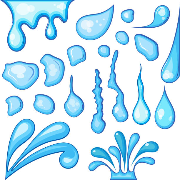 ilustrações, clipart, desenhos animados e ícones de eyewaters de água gota ou splash vector ou gotículas de cachoeira, molhar com líquido aqua e espirrando gotas de chuva caindo em conjunto ilustração isolado no fundo branco - drop set water vector
