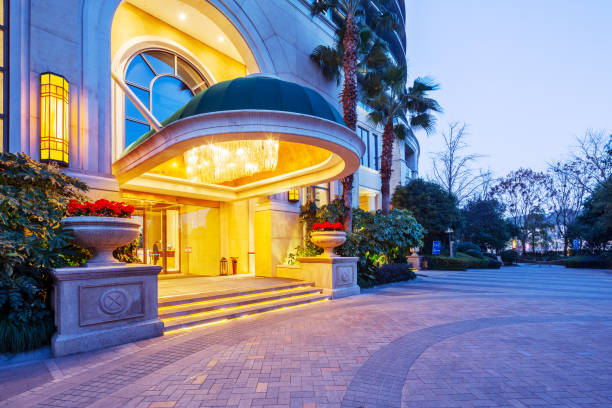 istock entrance of modern building at night 908956854