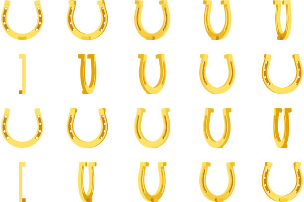 3d gold metall hufeisen glück symbol glück talisman rotation animation frames eingestellt flache design vektor-illustration - horseshoe stock-grafiken, -clipart, -cartoons und -symbole
