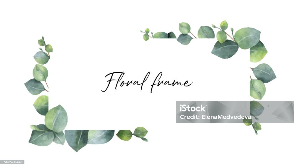 Watercolor vector wreath with green eucalyptus leaves and branches. Watercolor vector wreath with green eucalyptus leaves and branches. Spring or summer flowers for invitation, wedding or greeting cards. Border - Frame stock vector