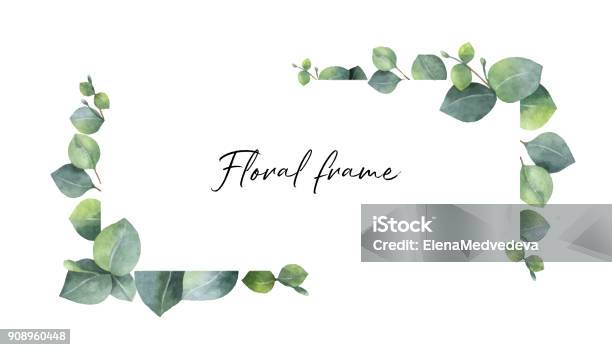 Watercolor Vector Wreath With Green Eucalyptus Leaves And Branches Stock Illustration - Download Image Now