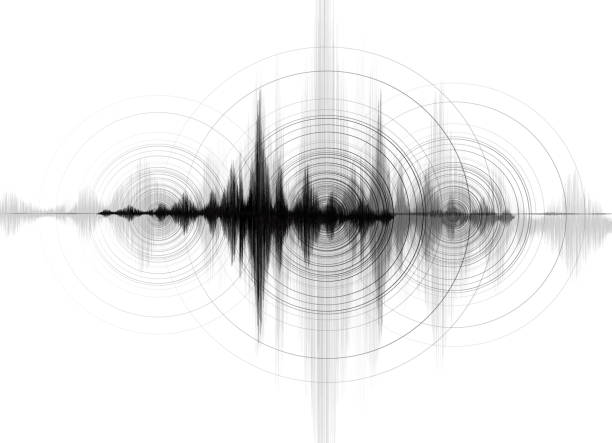 землетрясение волна низкой шкалы рихтера с круг вибрации на фоне белой бумаги, аудио волны диаграммы концепции, дизайн для образования и на - earthquake stock illustrations