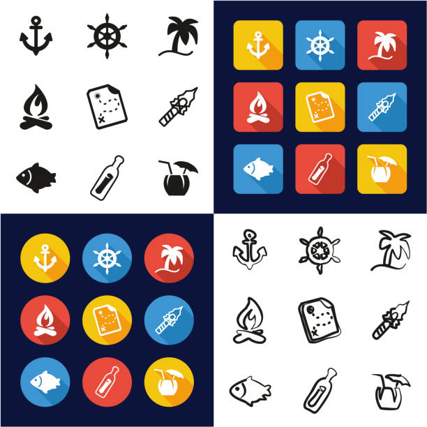 desert island, die alle in einem icons schwarz & weiß flach farbe design freihand-set - message in a bottle beached bottle desert island stock-grafiken, -clipart, -cartoons und -symbole