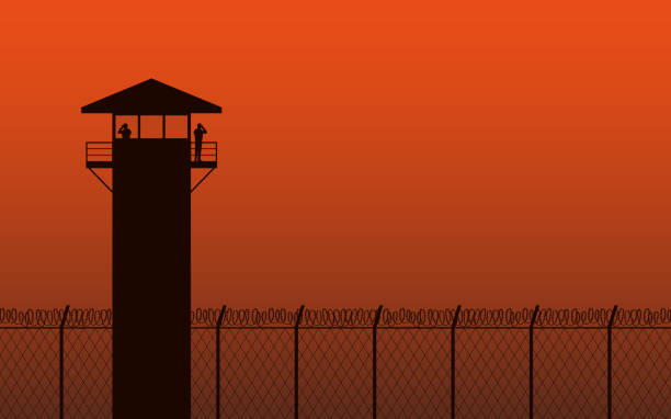 ilustraciones, imágenes clip art, dibujos animados e iconos de stock de silueta reloj torre y alambre de púas de la cerca en diseño plano icono sobre fondo de color naranja - cárcel