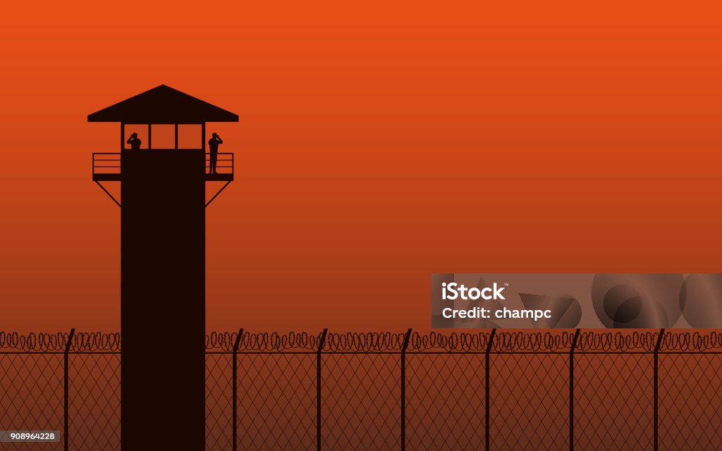 Silhouette watch tower and barbed wire fence in flat icon design on orange color background Prison stock vector