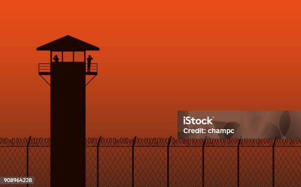 Silhouette Watch Tower And Barbed Wire Fence In Flat Icon Design On Orange Color Background Stock Illustration - Download Image Now