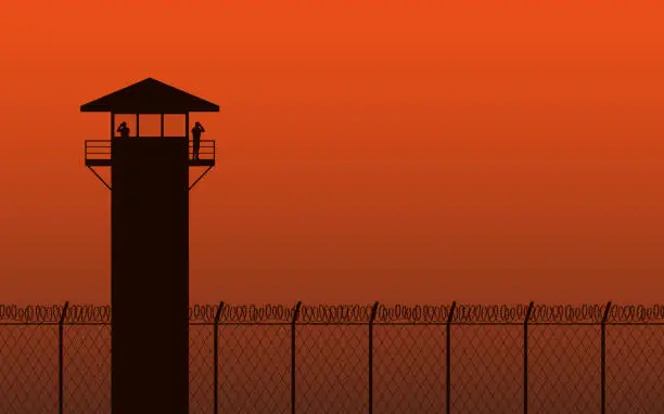 Vector illustration of Silhouette watch tower and barbed wire fence in flat icon design on orange color background