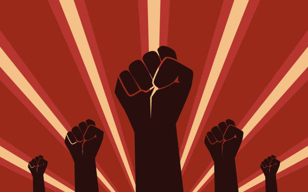 ilustrações de stock, clip art, desenhos animados e ícones de raised fist hand protest in flat icon design on red color ray background - protests human rights