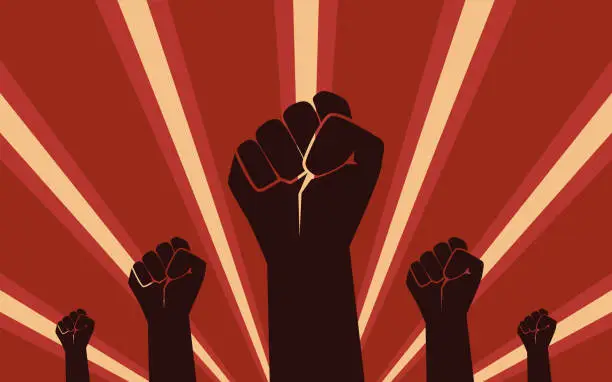 Vector illustration of Raised Fist Hand Protest in flat icon design on red color ray background