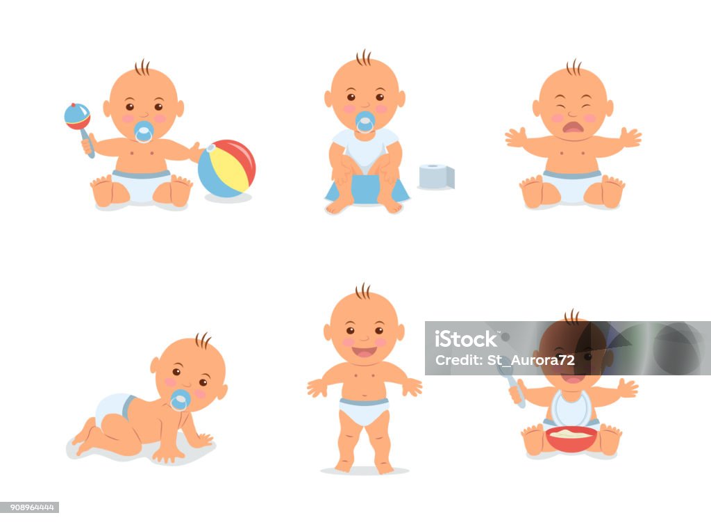 Cartoon set with cute little babies in diaper. Happy toddler plays with toy, child learning to walk, baby crying, child sits on potty, toddler crawling on the floor. Vector illustration in flat style. Baby - Human Age stock vector