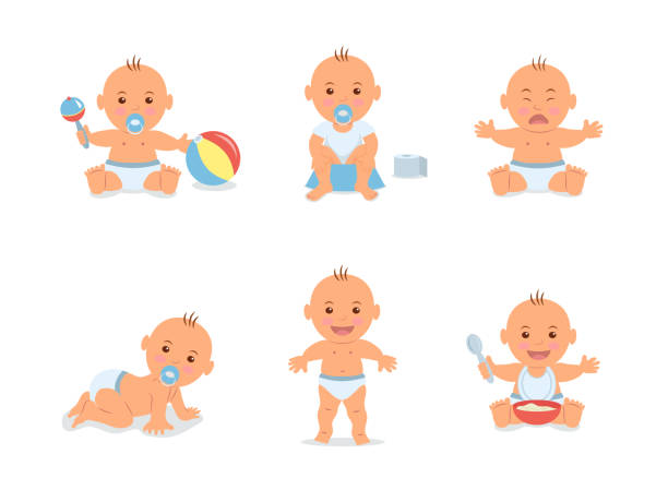 Cartoon Set With Cute Little Babies In Diaper Happy Toddler Plays With Toy  Child Learning To Walk Baby Crying Child Sits On Potty Toddler Crawling On  The Floor Vector Illustration In Flat