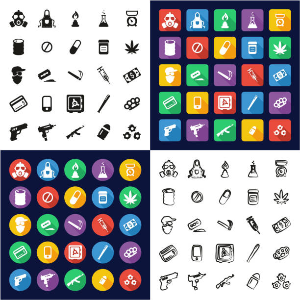 Drug Cartel All in One Icons Black & White Color Flat Design Freehand Set This image is a vector illustration and can be scaled to any size without loss of resolution. drug cartel stock illustrations