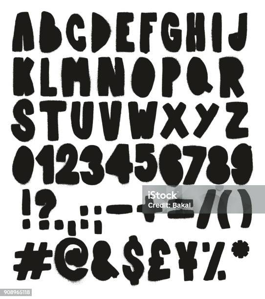 Thick Doodle Stencil Spray Paint Freehand Vector Font With Uppercase Letters Numbers Signs Stock Illustration - Download Image Now