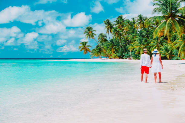 istock happy loving couple walking on tropical beach 908965918