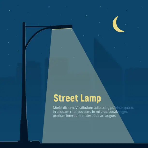 Vector illustration of Lonely street lamp on background of the night city. Silhouette of a street light in the night. Vector illustration in flat style.