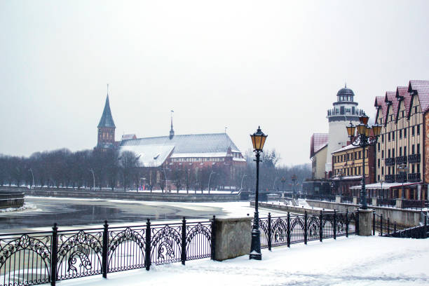 pesca de aldeia e kant catedral de s. kaliningrado. rússia. - kaliningrad - fotografias e filmes do acervo