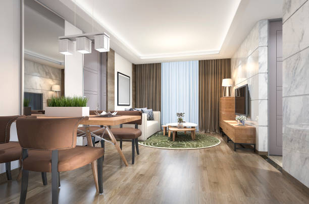 istock 3d rendering wood luxury and modern living room and dining room 908969452