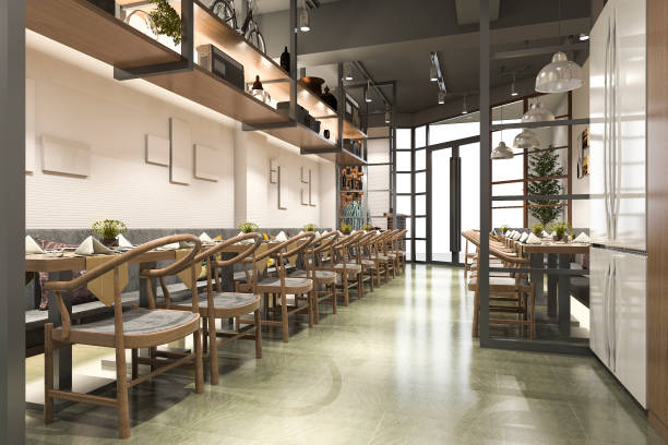 istock 3d rendering loft wood luxury hotel reception and cafe lounge restaurant 908969468