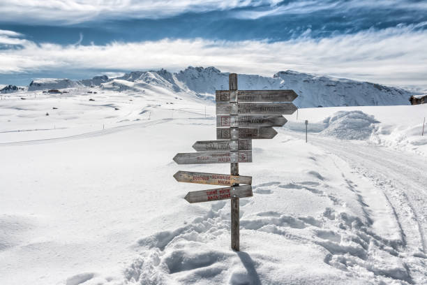 istock Panoramic view of Dolomiti in Seiser Alm with trail signs 908969694