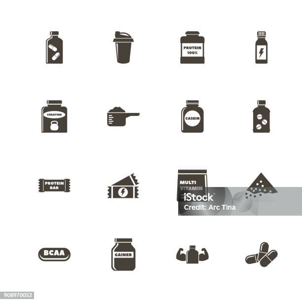 Sport Supplements Flat Vector Icons Stock Illustration - Download Image Now - Protein Drink, Flat Design, Food