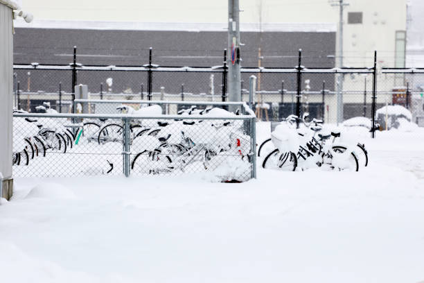 istock Bicycles covered with snow at the parking area 908970724