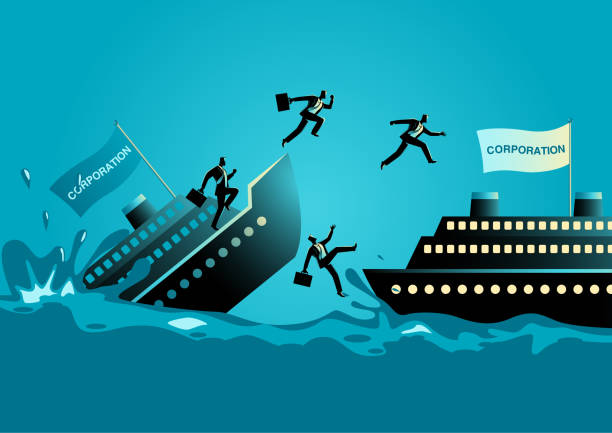 Businessmen abandon sinking ship Business concept vector illustration of businessmen abandon sinking ship, to leave a failing organization or bad situation concept sinking boat stock illustrations