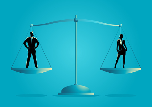 Business concept vector illustration of a businessman and businesswoman standing on a scale. Gender equality concept