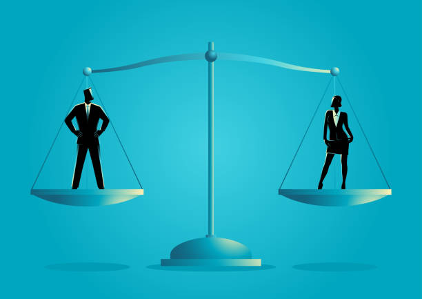 Businessman and businesswoman standing on a scale Business concept vector illustration of a businessman and businesswoman standing on a scale. Gender equality concept gender equality scale stock illustrations