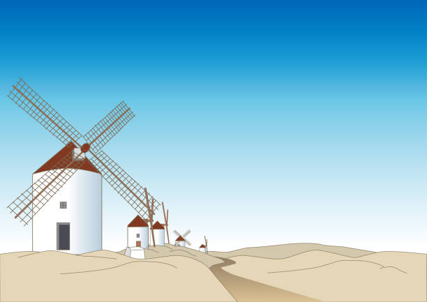 illustrazioni stock, clip art, cartoni animati e icone di tendenza di mulino a vento di la mancha - la mancha