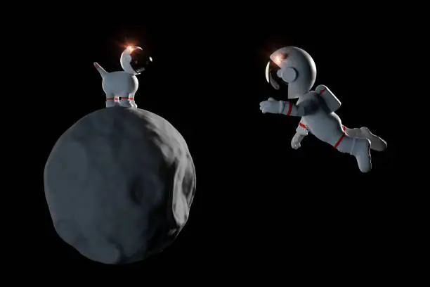 Photo of cute cartoon astronaut character and a space dog on asteroid in white space suits isolated on black background (3d illustration)