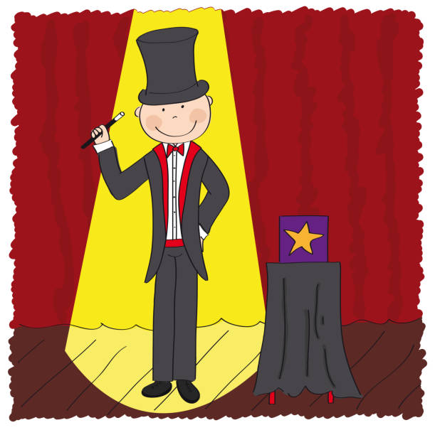 ilustrações de stock, clip art, desenhos animados e ícones de magician / wizard standing in the theatre stage next to the magic box and holding magic wand - original hand drawn illustration - magic circus wand circus theatrical performance stage theater