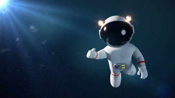 istock cute white cartoon astronaut flying in space lit by the Sun (3d render) 908981378