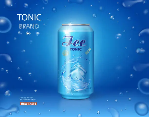 Vector illustration of Ice drink metallic can. Tonic advertising on blue background 3d