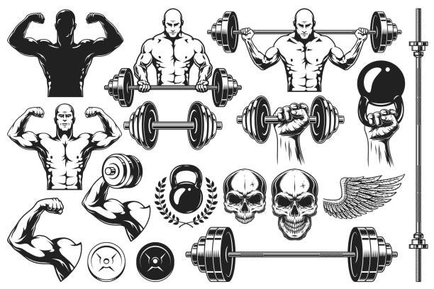 Monochrome elements for bodybuilding Set of monochrome elements for bodybuilding isolated on white body building stock illustrations