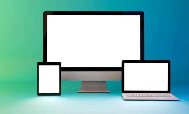 istock Modern laptop, tablet and pc on colorful background 908985952