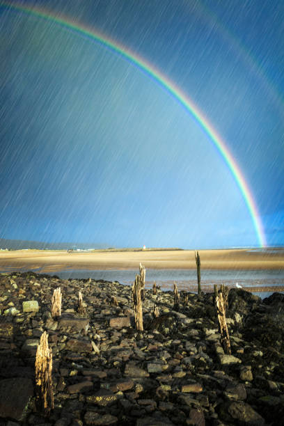 istock Rainbow and rain over the coastline beach at Burry Port 908994746