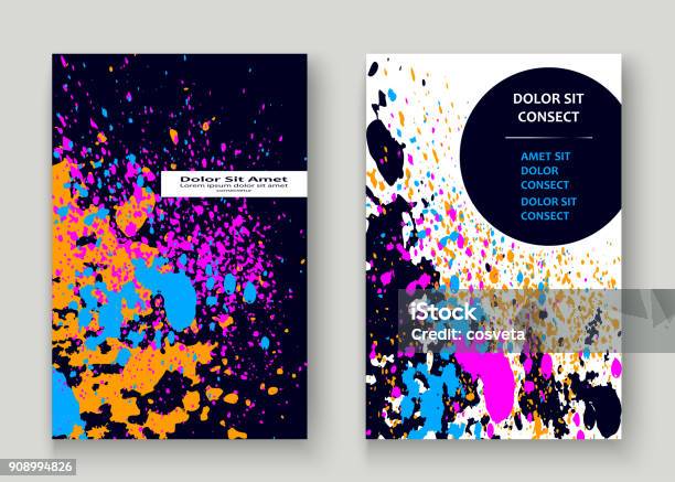 Vetores de Pintura De Néon Explosão Splatter Design De Moldura Capa Artística Pó Decorativo Respingo Spray Textura Azul Plano De Fundo Vetor Na Moda Modelo Criativo Cobrir Relatório Catálogo Folheto Flyer Cartaz Banner e mais imagens de Abstrato