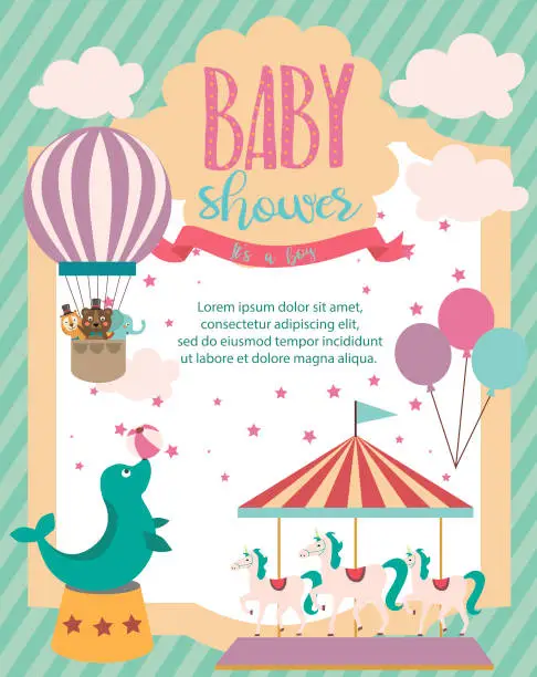 Vector illustration of Baby Shower party invitation card with circus theme