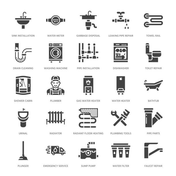 Plumbing service vector flat glyph icons. House bathroom equipment, faucet, toilet, pipeline, washing machine, dishwasher. Plumber repair illustration, solid signs for handyman services Plumbing service vector flat glyph icons. House bathroom equipment, faucet, toilet, pipeline, washing machine, dishwasher. Plumber repair illustration, solid signs for handyman services. appliance repair stock illustrations