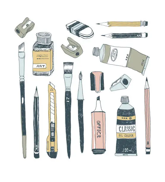 Vector illustration of Hand drawn art tools and supplies set
