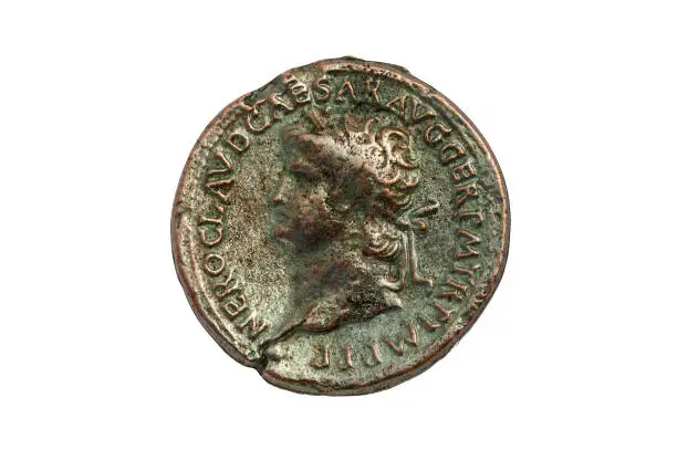 Bronze Roman Sestertius coin of Roman emperor Nero AD 54-68 cut out and isolated on a white background